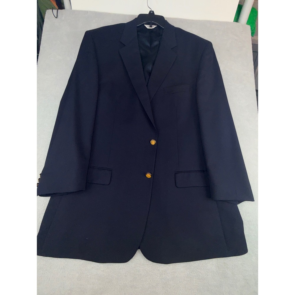 Joseph & Feiss Mens‎ 46L Navy Blue Worsted Wool Blazer Gold Buttons (1 Missing)
